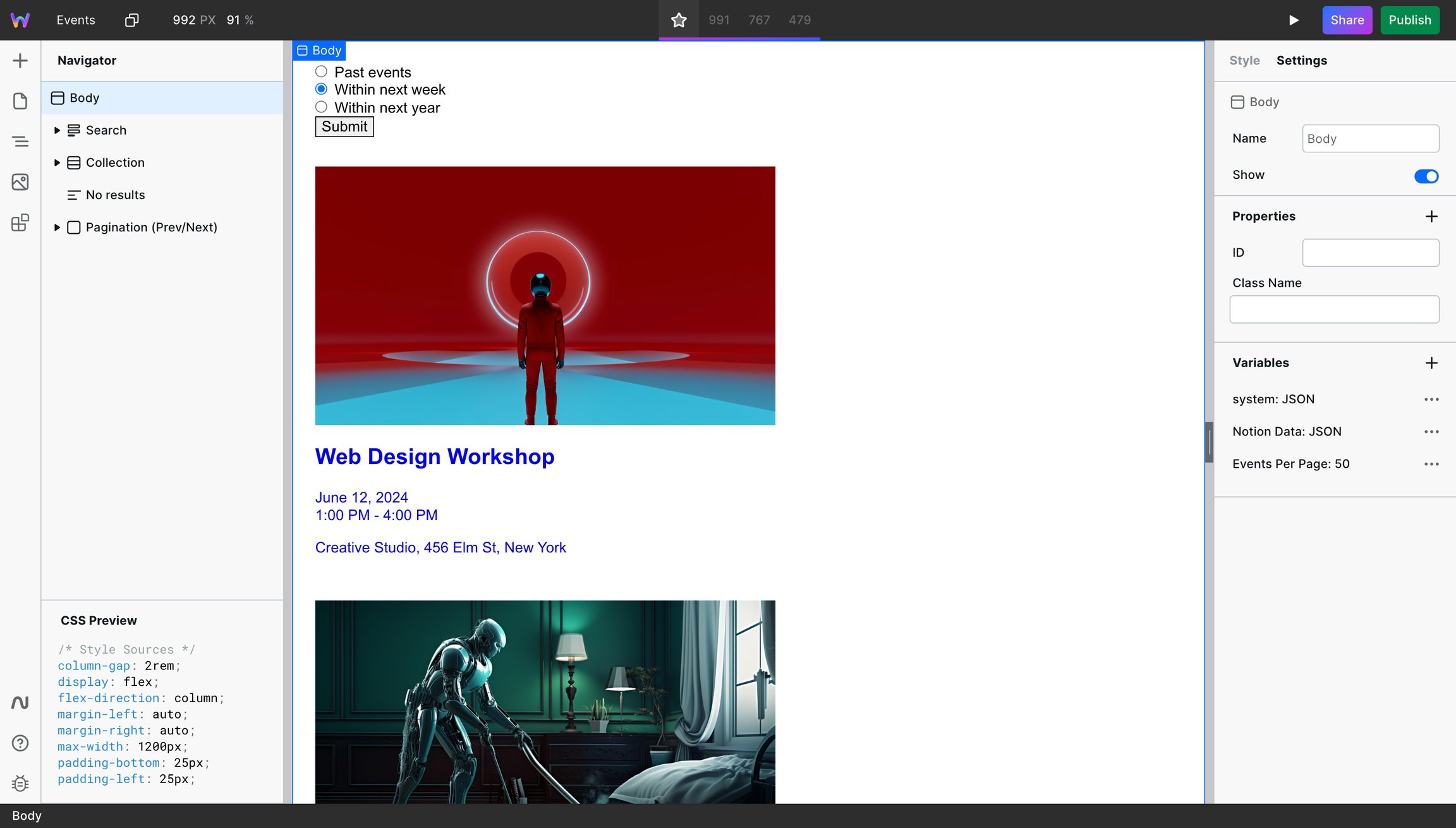 Grid of Notion events in Webstudio