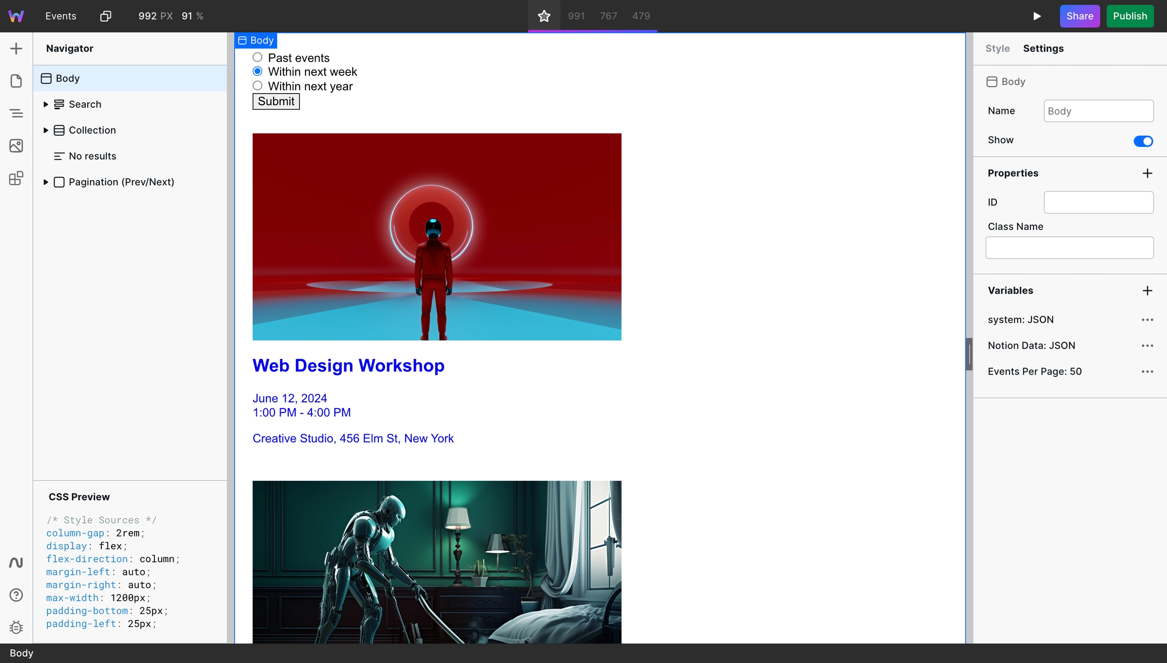 Grid of Notion events in Webstudio