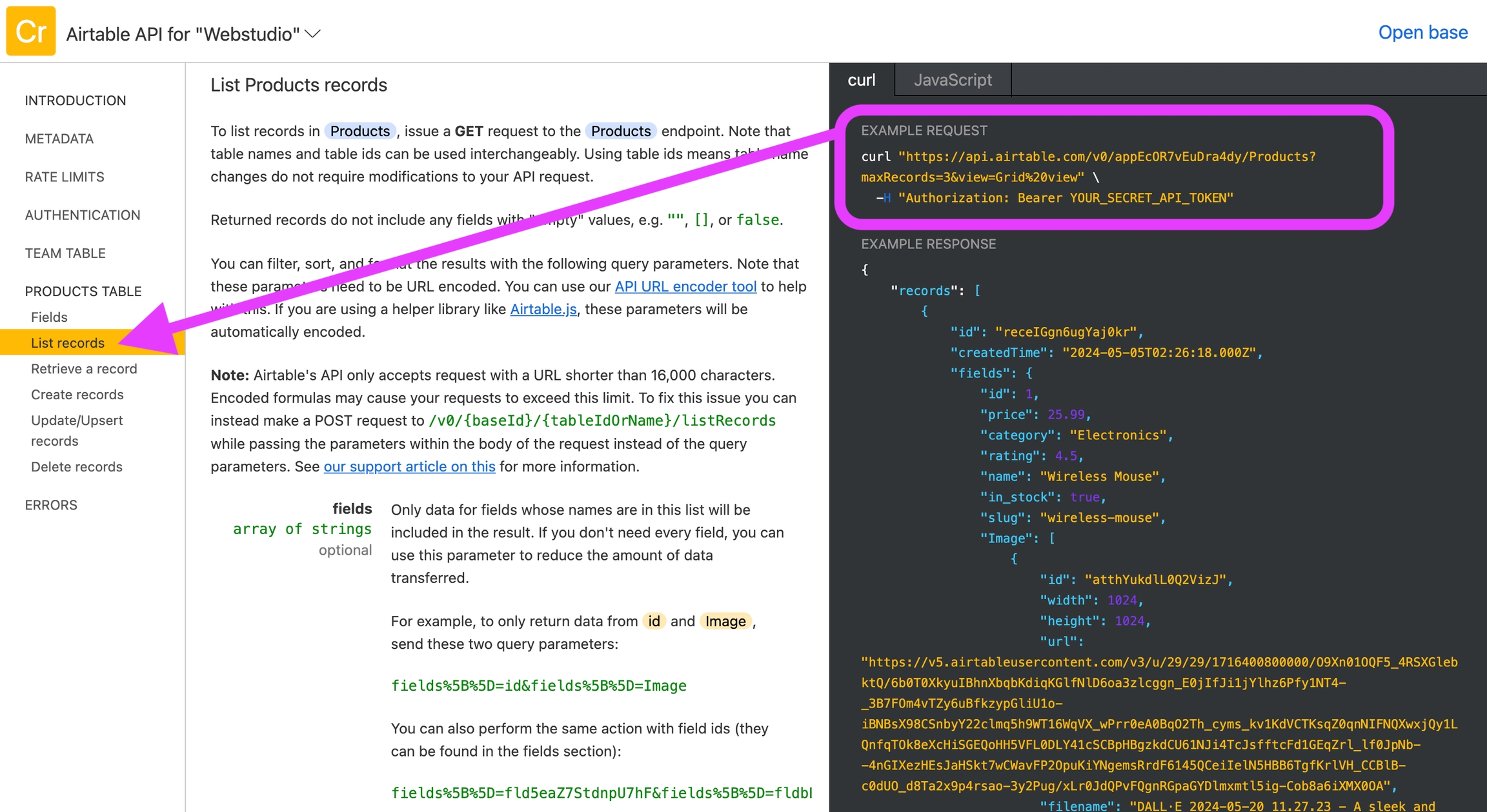Airtable curl command