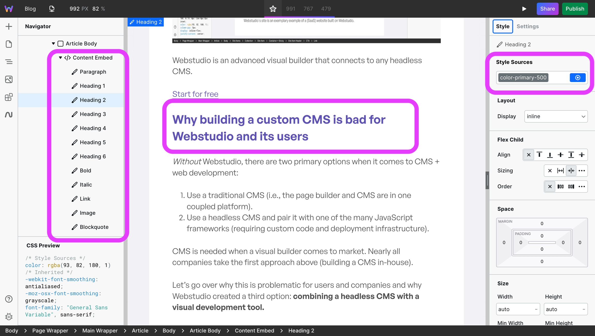 Content Embed with H2 styled using Tokens